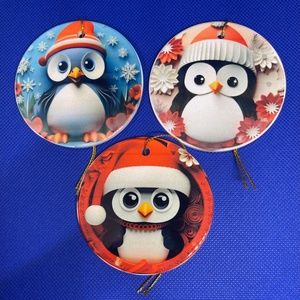 Set of 6 Ceramic Ornaments - Penguins motive - Christmas